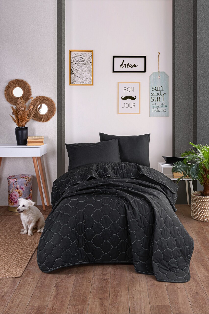 Set cuvertura Single 160x220 cm, 2 piese, L'essentiel Maison, Solid, Negru - imagine 3